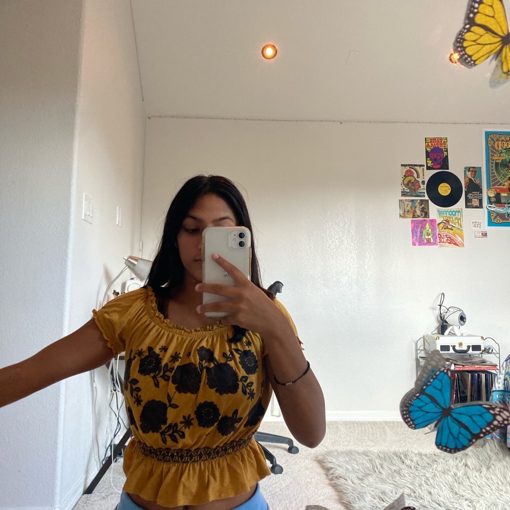 cute yellow with embroidery flowy top